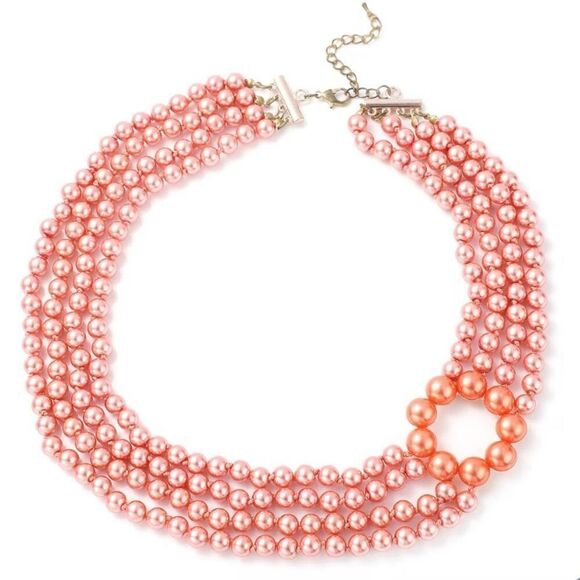Simulated Peach Pearl Multi Row Adjustable Necklace 22-24 Inches New - Picture 1 of 5
